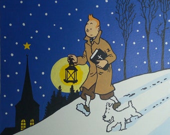 Tintin Snowy Painting, Tintin Drawing, Tintin and Milou, Original Acrylic Painting, Tintin Christmas, The Adventures Of Tintin, Gift Ideas