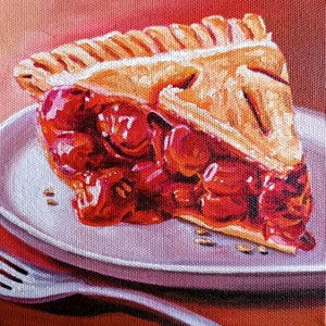 Cherry Pie Original Oil Painting, Cherries Still Life Painting, 6x6 Inches Canvas, Small Fruit Painting, Kitchen Art Painting