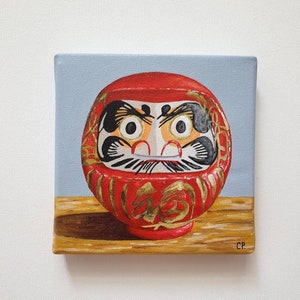 Daruma Doll Painting, Original Acrylic Painting, Still Life Painting, Japanese Doll, 6x6 Inches Canvas, Japanese Mini Painting, Toy Painting image 6