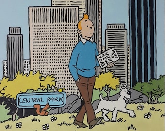 Tintín y Milou (Nevado) en Pintura de Nueva York, Pintura cómica de Tintín, Pintura 8x11