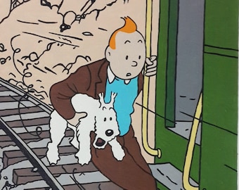 Tintín y Milú (Milú), pintura de cómic de Tintín, pintura de 8x11, Prisioneros del Sol