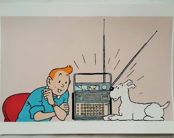 Tintín y Milou (Nevado) Pintura, Pintura cómica de Tintín, Pintura 8x11