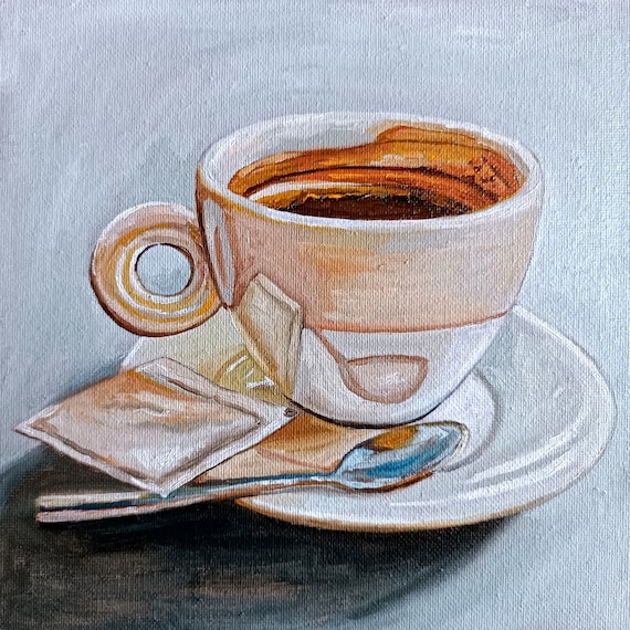 油彩画　coffee time Coffee Painting, Cup Painting, Original Oil Still Life