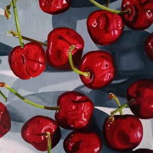 Cherry Painting, Original Still Life Oil Painting, 10x10 Inches Canvas, Small Fruit Painting, Mini Kitchen Art, Cherries