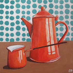 Coffee Pot Painting, Original Acrylic Oil Painting, Still Life Painting, Vintage Enamel Orange Pot, Object, 6x6 Inches Canvas image 1