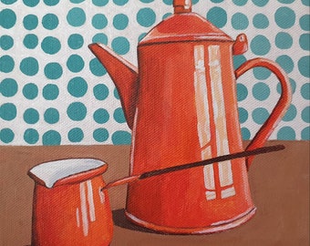 Coffee Pot Painting, Original Acrylic Oil Painting, Still Life Painting, Vintage Enamel Orange Pot, Object, 6x6 Inches Canvas