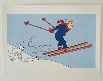 Pintura de Tintín Nevado, Dibujo de Tintín, Tintín y Milú, Pintura acrílica original, Navidad de Tintín, Las aventuras de Tintín, Ideas de regalo
