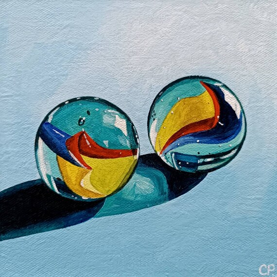 Marble Ball Painting Shiny Glass Ball Original Acrylic Etsy