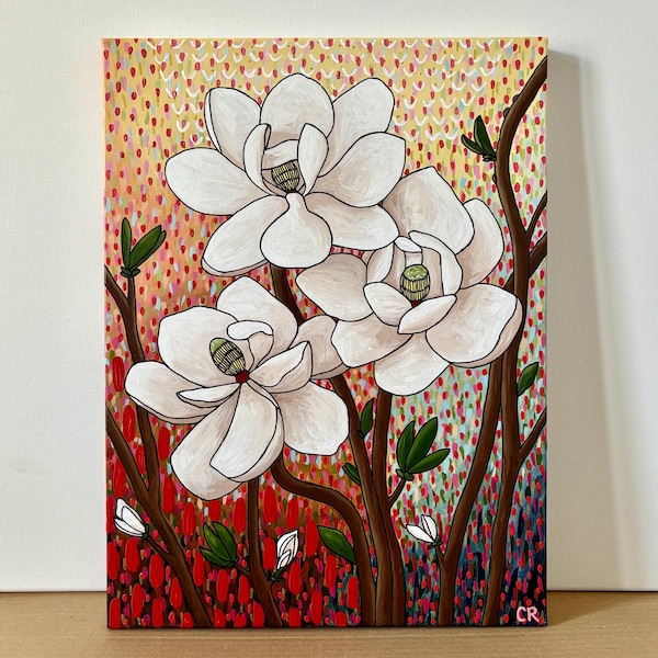 Pintura de magnolias, pintura de flores, pintura floral, pintura acrílica original, magnolias dulces de Netflix