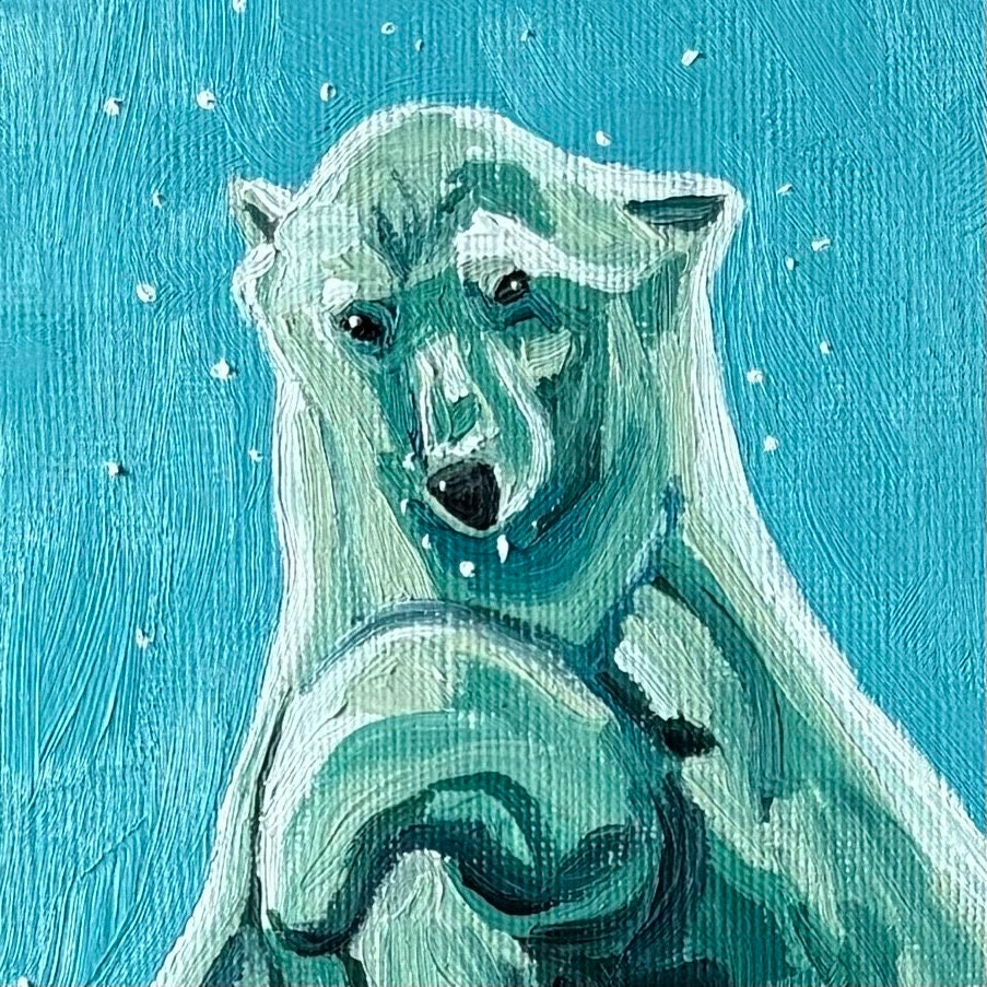 泳ぐホッキョクグマの油絵、北極のクマ、オリジナルの動物画、8.3x11.7