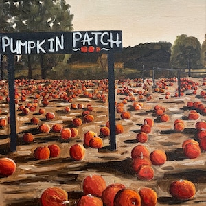 Pumpkin Patch Gemälde, Herbst Gemälde, Original Stillleben Gemälde, 20x20cm Leinwand, Herbst, Orange, Kürbisfeld