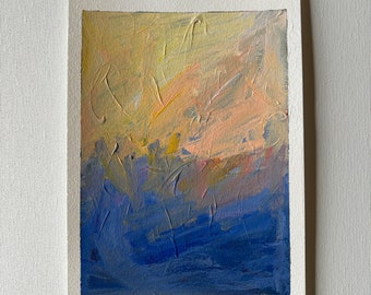 Può includere: Dipinto astratto con uno schema di colori giallo, arancione e blu. Il dipinto ha una superficie testurizzata e sembra essere realizzato con vernice acrilica.