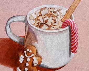Christmas Hot Chocolate, Candy Cane Painting, Original Still Life Painting, Kitchen Art, Gingerbread, Cookies, Food Painting, 6x6 Inches