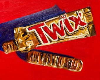 Twix on red original oil painting, Chocolate bar, Original Still Life Painting, Kitchen Art, Food Sweets Painting, 6x6 Inches