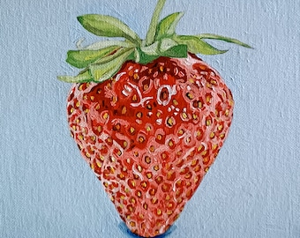 Strawberry Original Oil Painting, Strawberry Still Life Painting, 8x8 Inches Canvas, Small Fruit Painting, Kitchen Art Painting