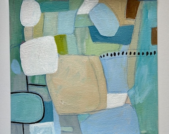 May include: Abstract painting with geometric shapes in shades of blue, green, white, and brown. The painting has a modern and minimalist style.