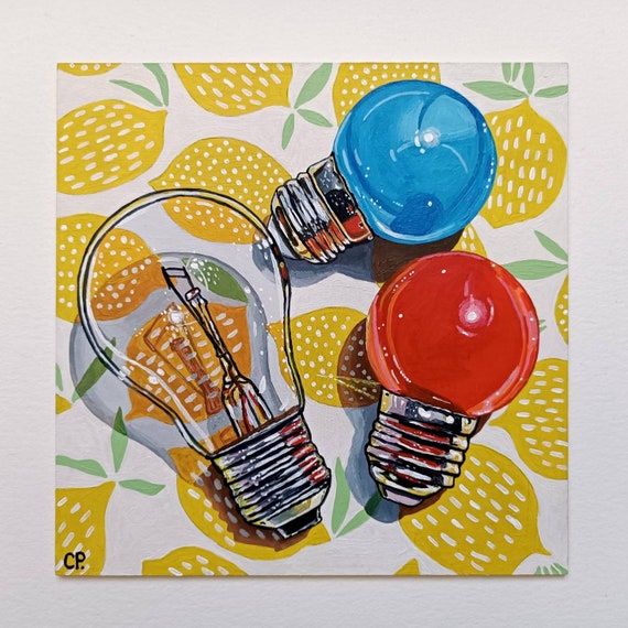 Lightbulb Painting Original Acrylic Painting Lightbulbs Colorful Painting 8x8 in Canvas Lights Glass Painting Etsy
