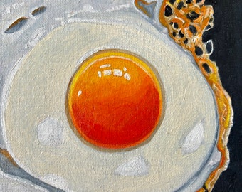 卵の絵、目玉焼きの油絵、オリジナルの静物画、キッチンアート