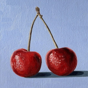 Cherry Painting, Original Oil Painting, Still Life Painting, Small Kitchen Art, 8x8 inches canvas, Mini Painting, Fruit Painting