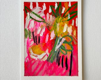 Può includere: Dipinto astratto con pennellate rosa, bianche, gialle e verdi su uno sfondo rosso.