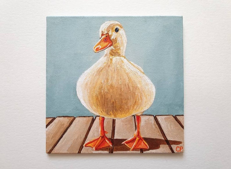 Duck Painting, White Duck Painting, Original Animal Painting, Nature Art, 6x6 Inches Canvas, Pet Painting image 4