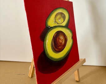 アボカドの油絵 アボカドの絵画、アボカドのオリジナル静物油絵、8x8インチの