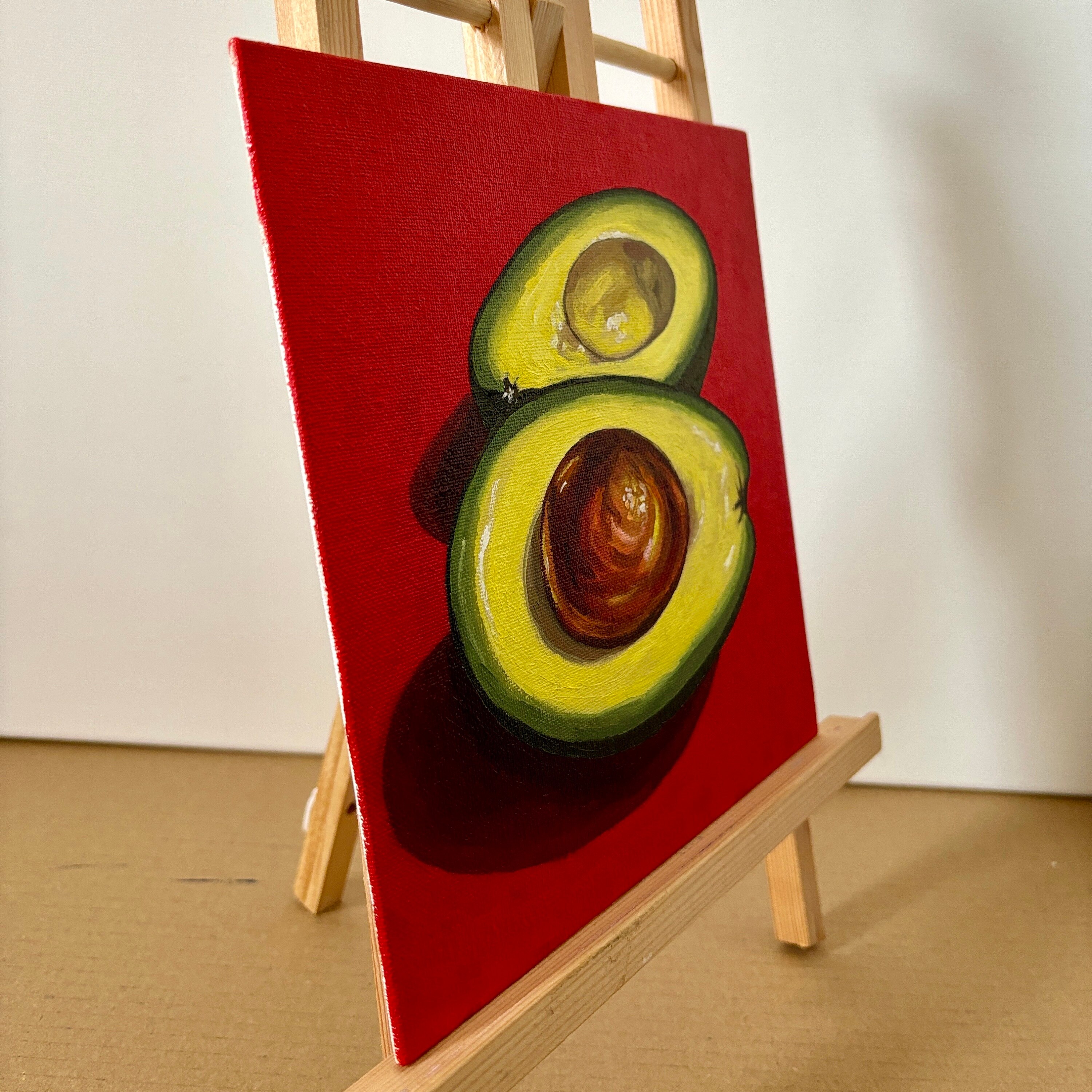 アボカドの絵画、アボカドのオリジナル静物油絵、8x8インチの