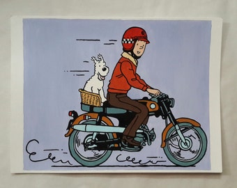 Tintin and Milou (Snowy) Painting, Tintin Comic Painting, 8x11 Painting