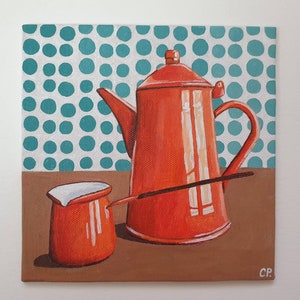 Coffee Pot Painting, Original Acrylic Oil Painting, Still Life Painting, Vintage Enamel Orange Pot, Object, 6x6 Inches Canvas image 2