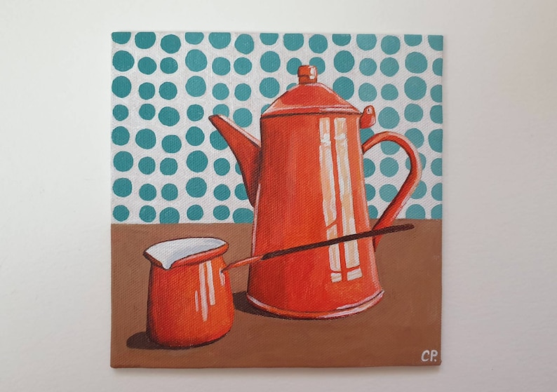 Coffee Pot Painting, Original Acrylic Oil Painting, Still Life Painting, Vintage Enamel Orange Pot, Object, 6x6 Inches Canvas image 2