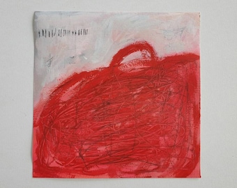 May include: Abstract painting on canvas with a red, textured design. The artwork features a large, red shape with a curved top and scribbled lines, set against a white and gray background. Small black vertical lines are in the upper left corner.