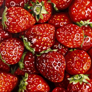 Peinture aux fraises, peinture de fruits réaliste, peinture à l'huile nature morte originale, art de la cuisine, gros plan aux fraises, rouge, toile de 20 x 20 cm