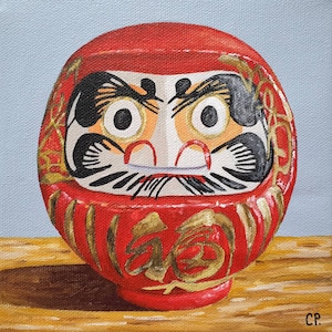 Daruma Doll Painting, Original Acrylic Painting, Still Life Painting, Japanese Doll, 6x6 Inches Canvas, Japanese Mini Painting, Toy Painting image 1