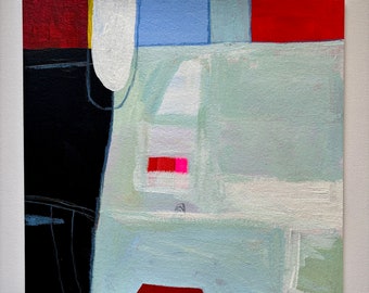 May include: Abstract painting with geometric shapes in red, blue, white, black, and yellow. The painting has a minimalist style and features a variety of textures.