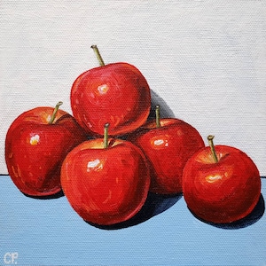 Apple Painting, Realistic Fruit Painting, Original Still Life Painting, Kitchen Art, Red Apples on Blue, 6x6 Inches Canvas