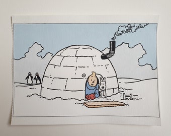 Tintín y Milou (Nevado) Pintura, Pintura cómica de Tintín, Pintura 8x11, Bonne Année Tintin