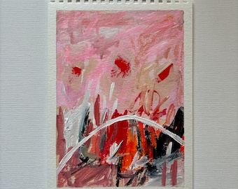Può includere: Dipinto astratto con pennellate di colore rosa, rosso, arancione, bianco, nero e grigio. Il dipinto ha una superficie testurizzata e una forma ad arco bianco al centro.