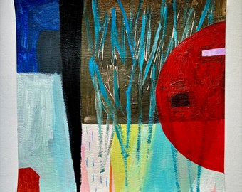 May include: Abstract painting with a red circle, blue and green lines, and black and white shapes on a white background.