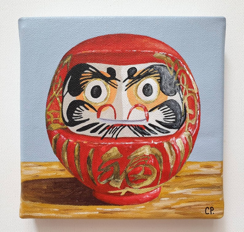 Daruma Doll Painting, Original Acrylic Painting, Still Life Painting, Japanese Doll, 6x6 Inches Canvas, Japanese Mini Painting, Toy Painting image 2