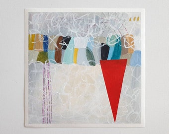 May include: Abstract painting with a red triangle in the center, surrounded by a variety of shapes and colors, including blue, green, yellow, and brown. The background is a light gray with white lines.