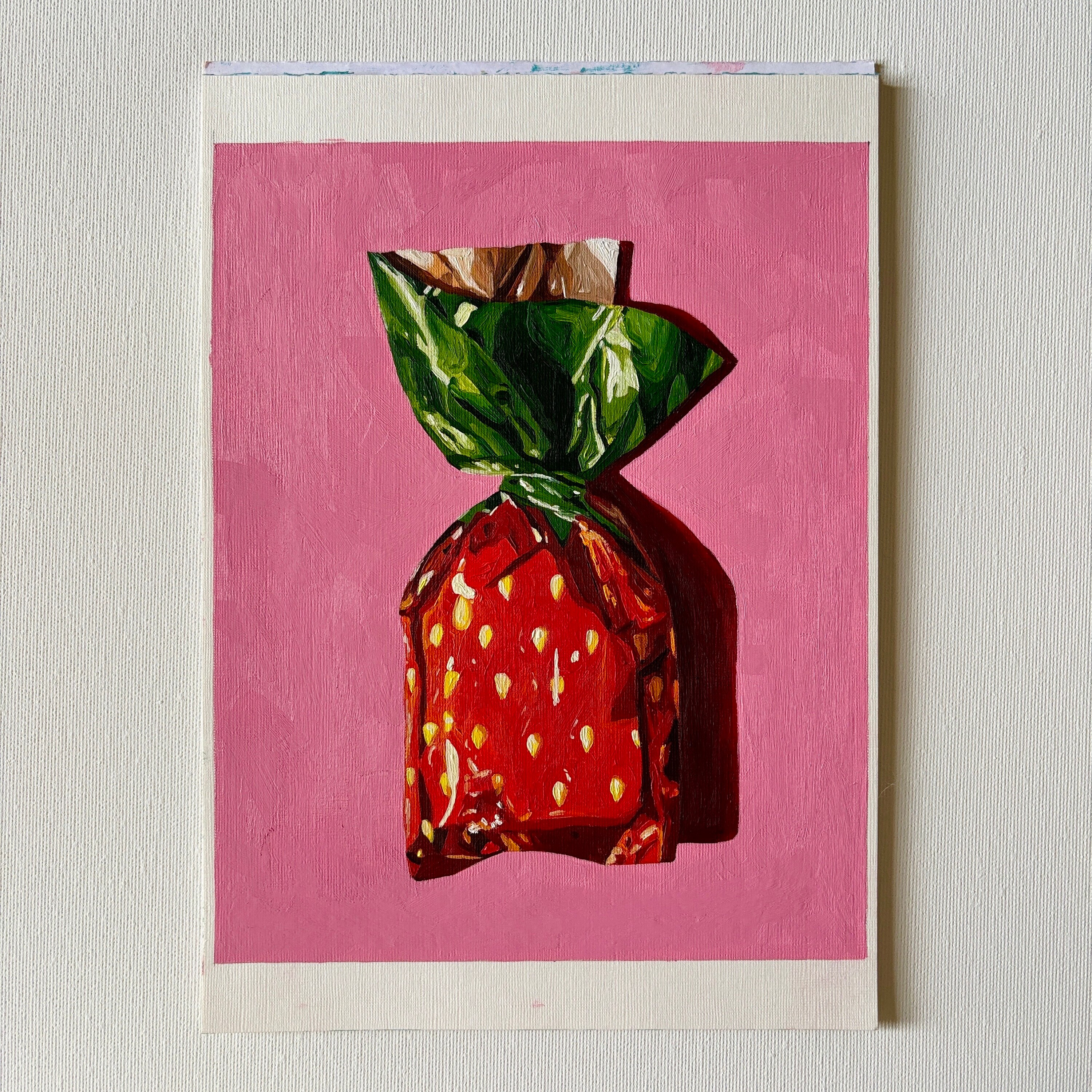 Pink Strawberry Bon Bon Oil Painting, Candy, Original Still Life