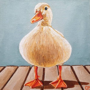 Duck Painting, White Duck Painting, Original Animal Painting, Nature Art, 6x6 Inches Canvas, Pet Painting image 1