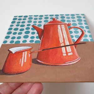 Coffee Pot Painting, Original Acrylic Oil Painting, Still Life Painting, Vintage Enamel Orange Pot, Object, 6x6 Inches Canvas image 3