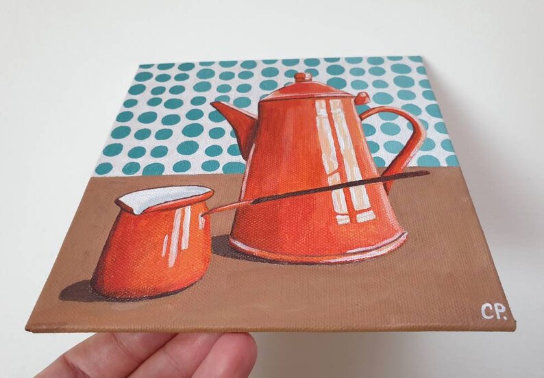 Coffee Pot Painting, Original Acrylic Oil Painting, Still Life Painting, Vintage Enamel Orange Pot, Object, 6x6 Inches Canvas image 3