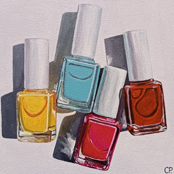 Peinture de vernis à ongles, maquillage, soins personnels, peinture girly rose, nature morte originale, toile 20 x 20 cm