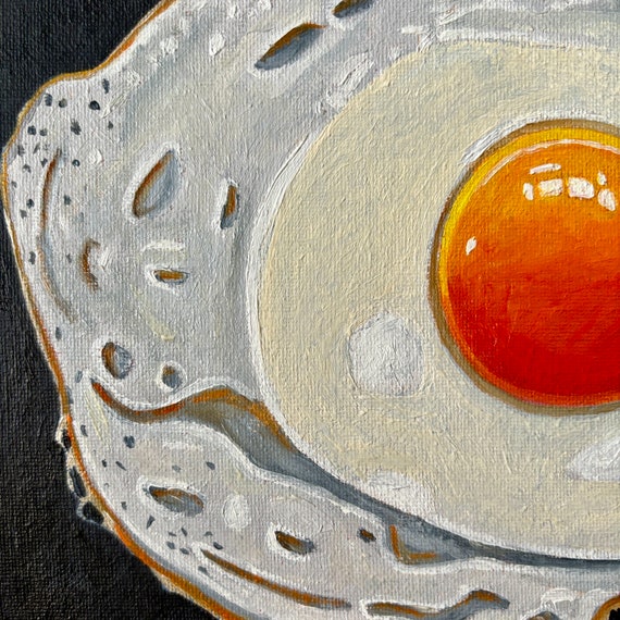 卵の絵、目玉焼きの油絵、オリジナルの静物画、キッチンアート、8x8 