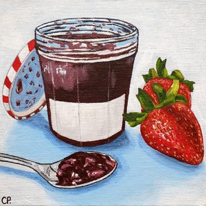 Confiture de fraises, peinture, peinture de fruits réaliste, nature morte originale, art de la cuisine pour le petit déjeuner, toile de 6 x 6 pouces