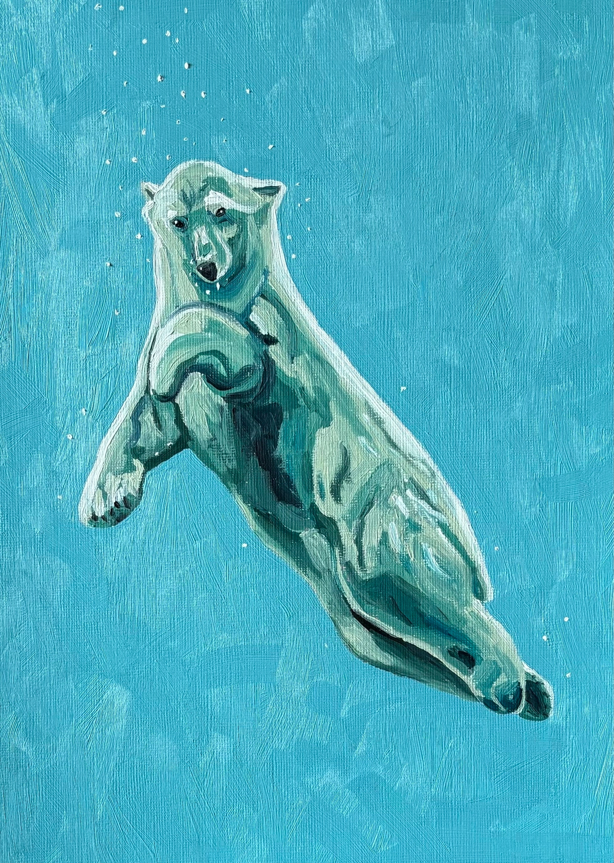 泳ぐホッキョクグマの油絵、北極のクマ、オリジナルの動物画、8.3x11.7