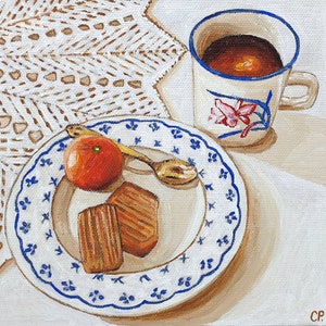 May include: A still life painting featuring a cup of coffee, a plate with a tangerine and two pastries, and a golden spoon. The plate has a blue floral design. The cup has a floral design and a blue rim.