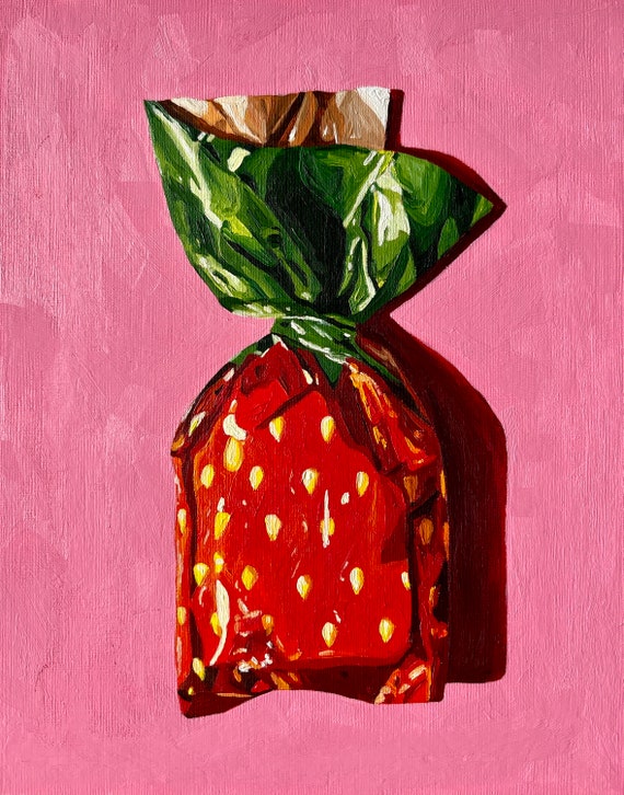 Pink Strawberry Bon Bon Oil Painting, Candy, Original Still Life